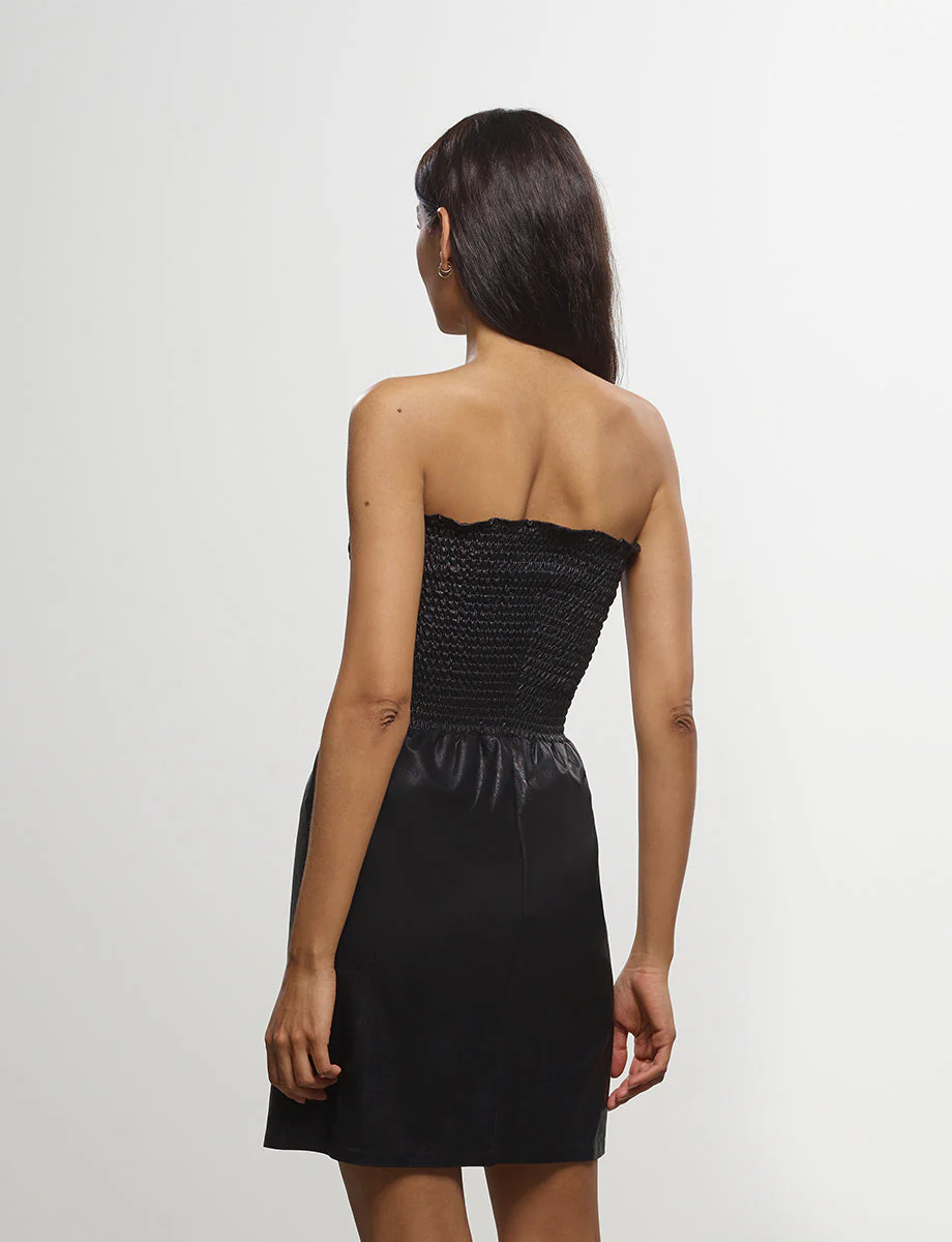 Faux Leather Smocked Dress | Black - Image 3