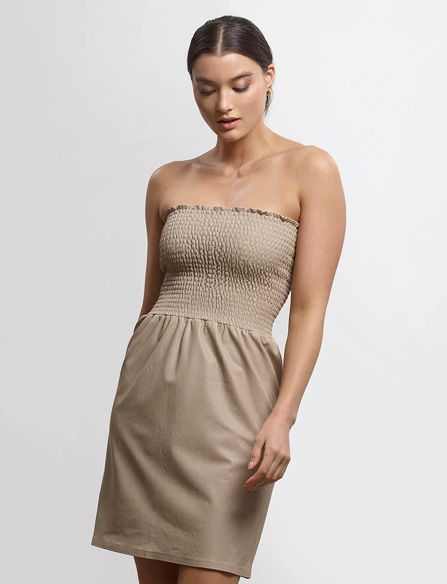 Faux Leather Smocked Dress | Sand - Image 3