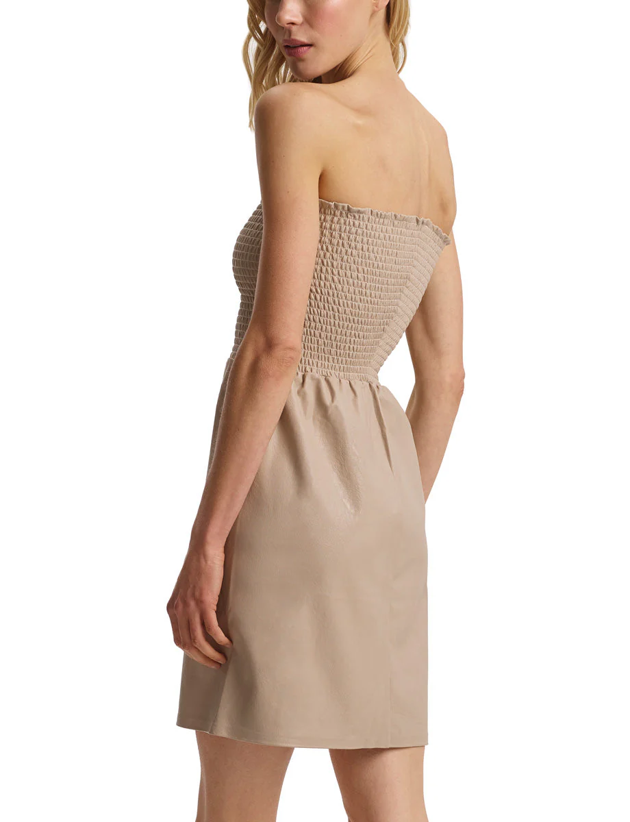 Faux Leather Smocked Dress | Sand - Image 4